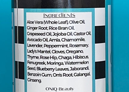 Ingredients for ONIQ Beauty Premium Growth Hair Healing Oil with Aloe Vera, Oils and Herbs. Vegan, Alcohol-free, Chemical-Free, Not tested on animals.